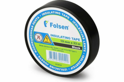 Изолента 19мм х 33м черная пламягасящая Folsen 013104